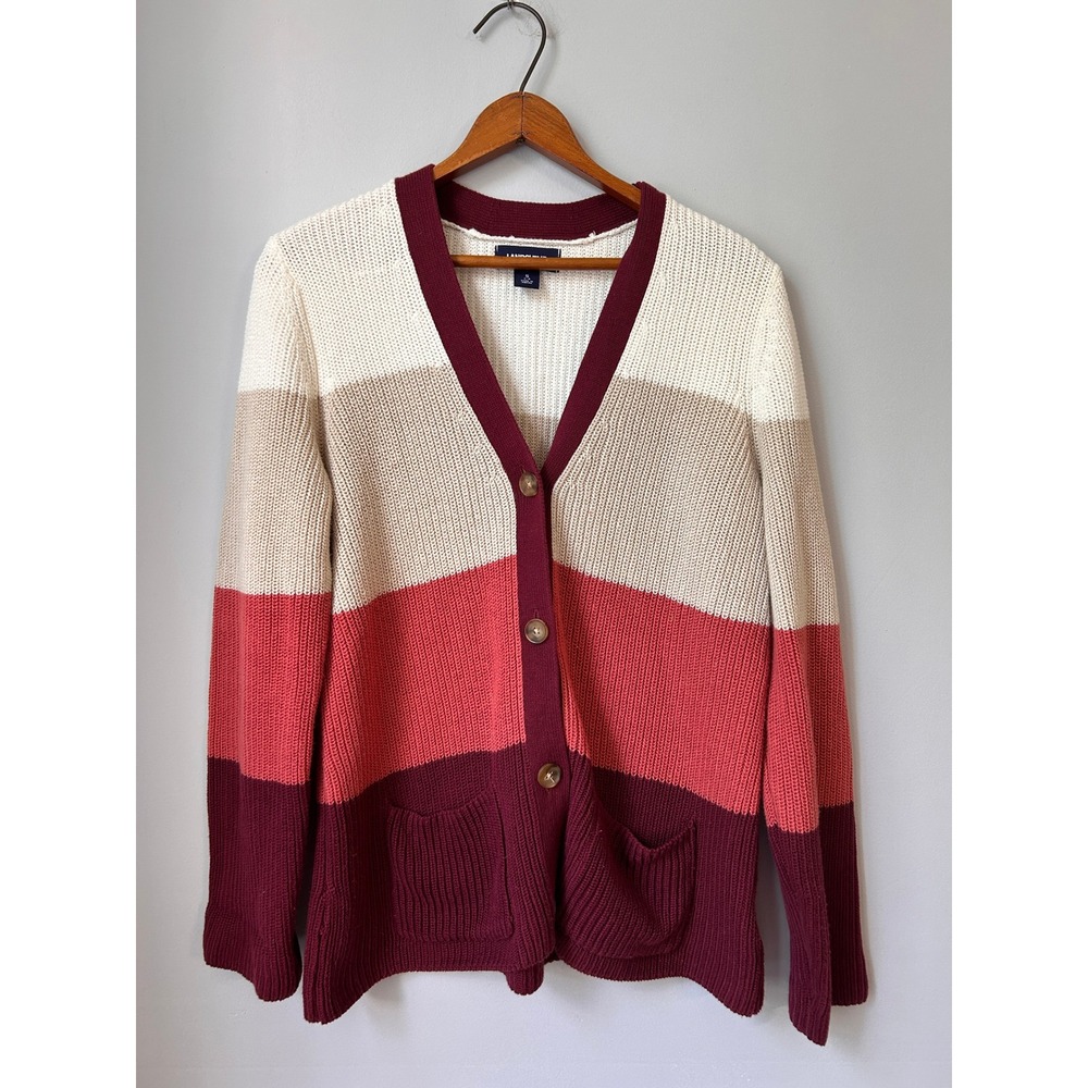 Lands End Drifter Colorblock Cardigan Sweater Small Shaker Knit Burgundy Pink
